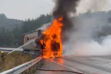 Seyir halindeki tır alev alev yandı