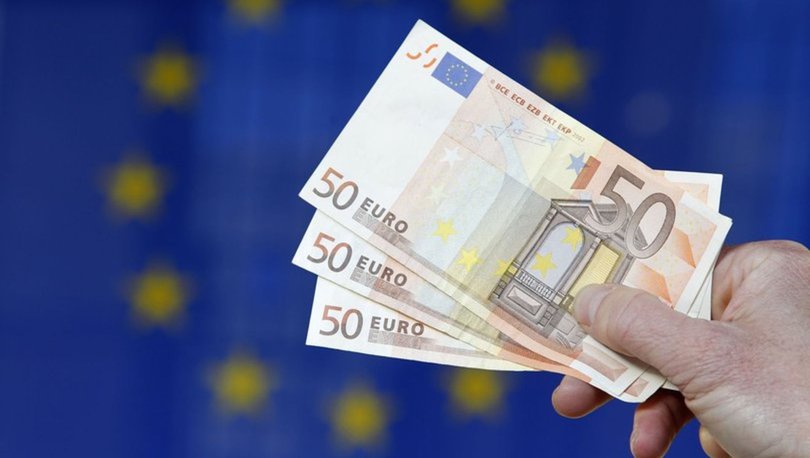 Avrupa Birliği'nin 12 sarı yıldızlı mavi dikdörtgen bayrağının önünde bir el üç adet 50 Euro'yu tutuyor.