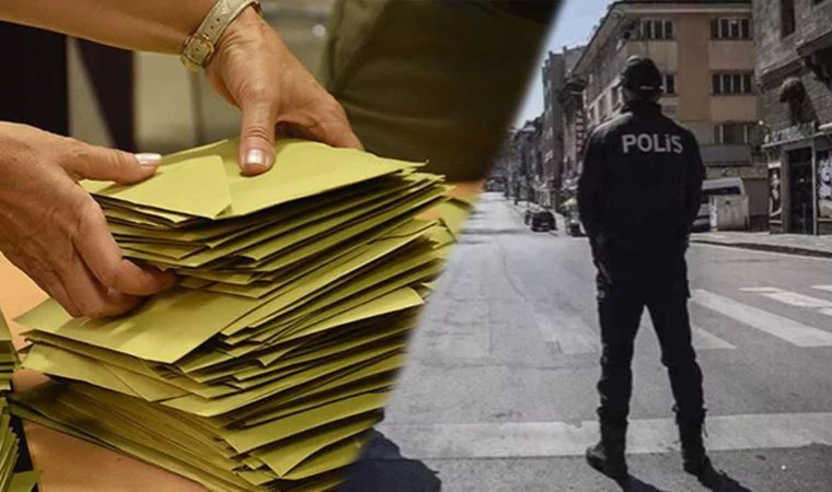 Seçim zarflarının olduğu ve yolda bir polisin arkadan çekilen görüntüsünün yer aldığı iki görsel birleştirilmiş.