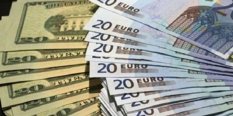 20 Euro ve 20 dolarlık banknotlar bir zeminde yayılmış şekilde duruyor