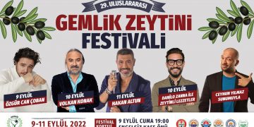 Gemlik Zeytini Festivali yazısının altında festivalde sahne alacak kişilerin isimleri ve günleri yazıyor