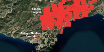 Mersin’deki Akkuyu Nükleer Güç Santrali‘ni gösteren haritada, santralin çevresindeki bazı bölgeler kırmızı olarak gösterilmiş