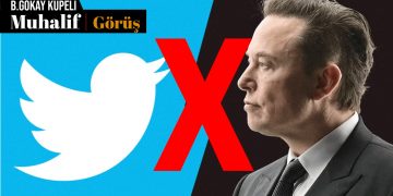 Twitter logos ile Elon Musk fotoğrafı arasında kırmızı bir X işareti buluyor